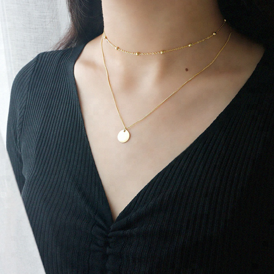 Custom Factory Direct Simple Bead Double Clavicle Chain Short Ladies Pendant 18K Gold Initial Coin Blank Sequin Necklace 1