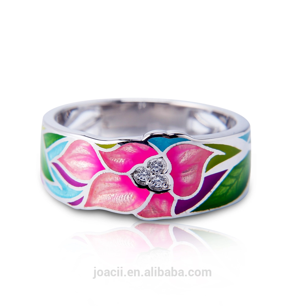 Joacii Flower Shaped Rhinestone 925 Sterling Silver Jewelry Enamel Band Ring With 18K White Gold Gilded For Women And Men 1