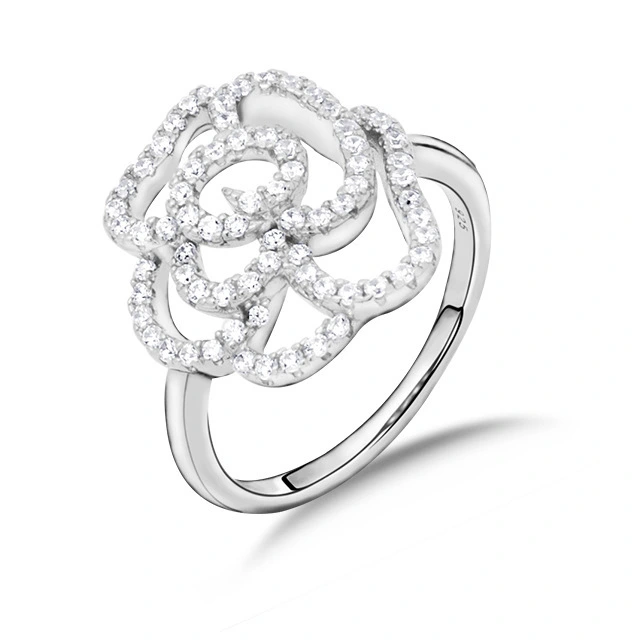 Stylish Rose Design Diamond Women 925 Sterling Silver Jewelry Ring 1