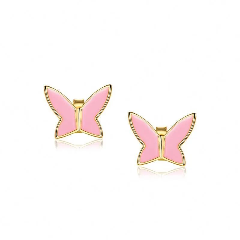 Custom charm Enamel Pink ButterflyGold Color Jewelry Sterling Silver Earrings With Joias Banhadas A Ouro 1