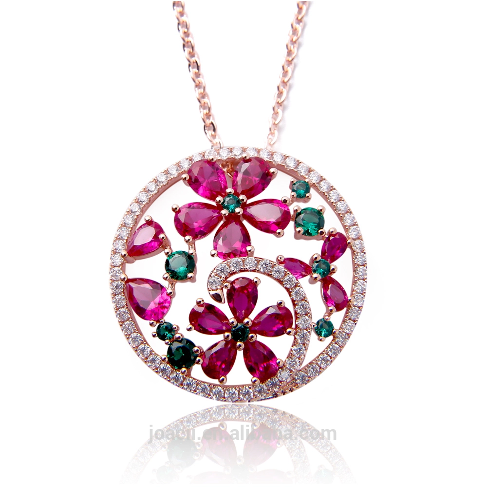 Newest Women and Girls Design 18k gold plated craft flower AAA Zircon Amethyst and Ruby Stone pendant Necklace 1