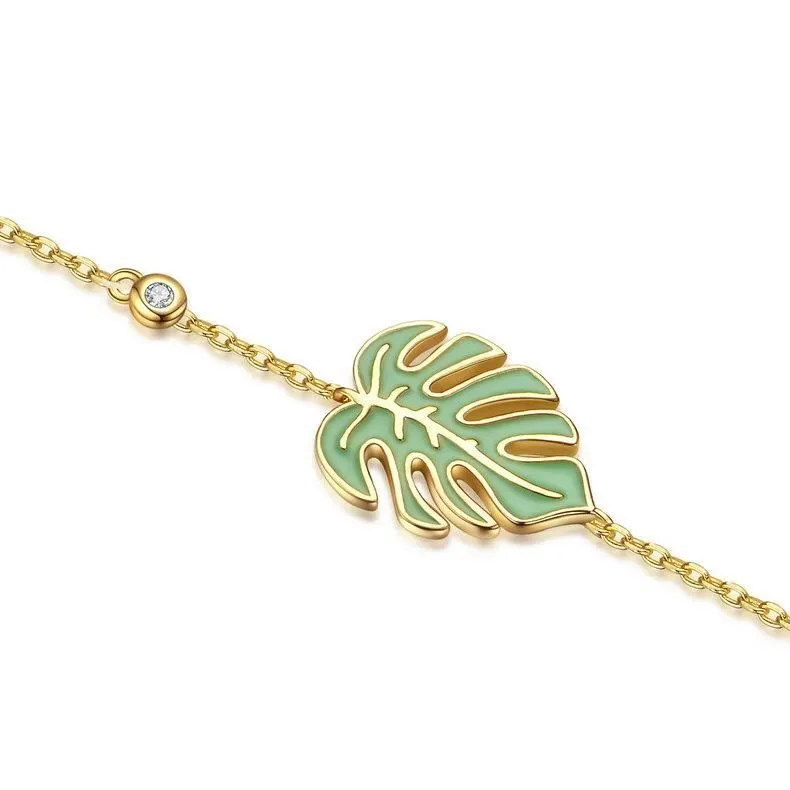 Bamboo Leaves Design Enamel Green Silver 925 Hand Chain Bracelet With Smycken 1