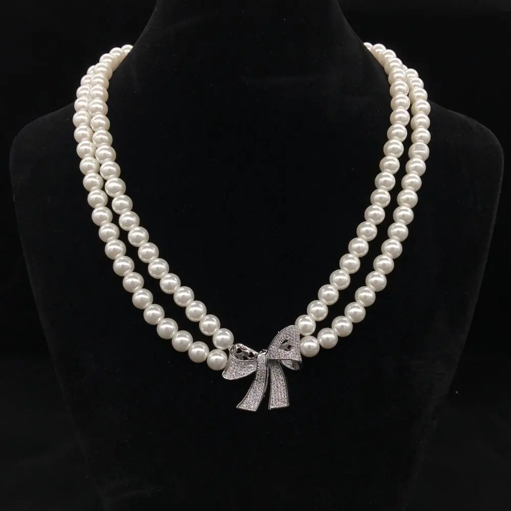 Stylish Pearl Glass 18K Silver Plated Zircon Necklace With Collana 1