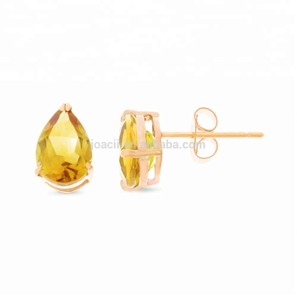 Genuine Natural Citrine Solitaire Stud Earrings Pear Shape Gemstone 14K White Yellow Gold With Joalheria 1