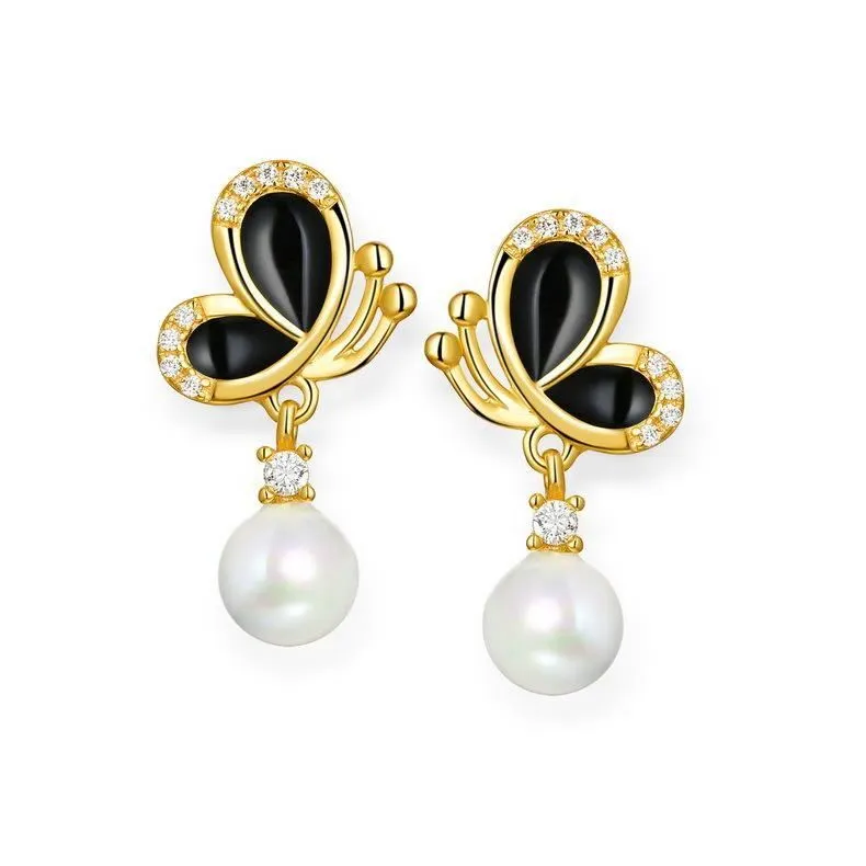 Creative Black Enamel Butterfly Design Pearl Silver Stud Earrings With Gioielleria 1