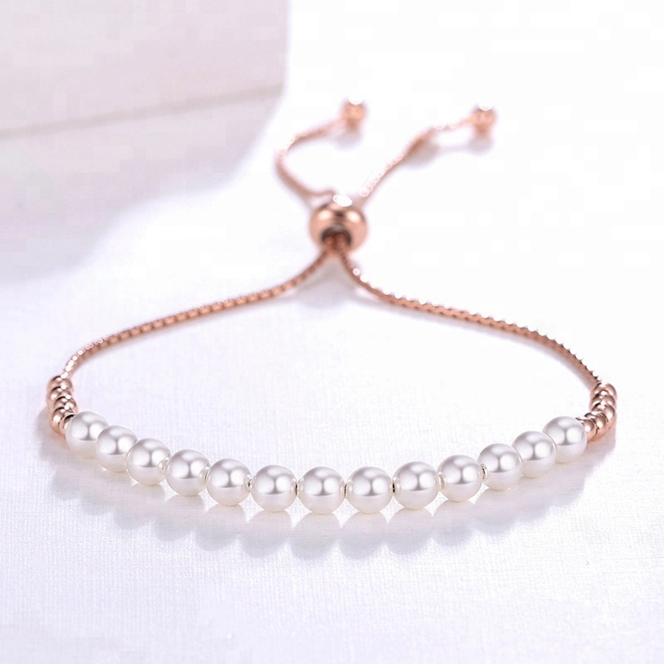 Adjustable chain rose gold plated pearl bead slide 925 sterling silver bracelet women 1