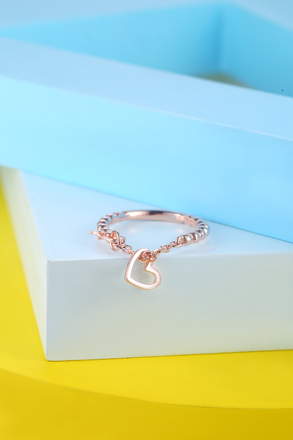 Joacii 925 Sterling Silver 18K Rose Gold Heart Short Chain Ling Ring With Bague 2