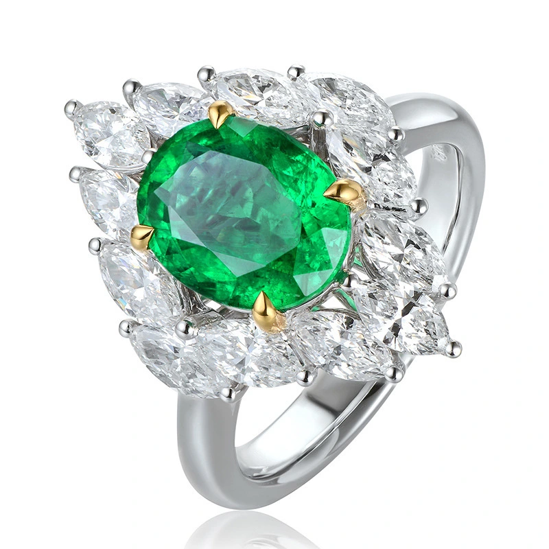 Rhombus Shape Natural Emerald Silver Jewelry White Gold Ring 1