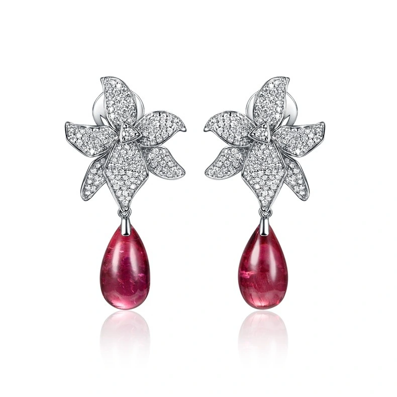 Flower Shape Rhodolite Waterdrop Design 925 SilverPendant Earrings 1