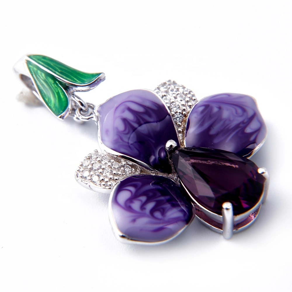 Enamel Flower Amethyst Crystal 925 Silver Pendant 1