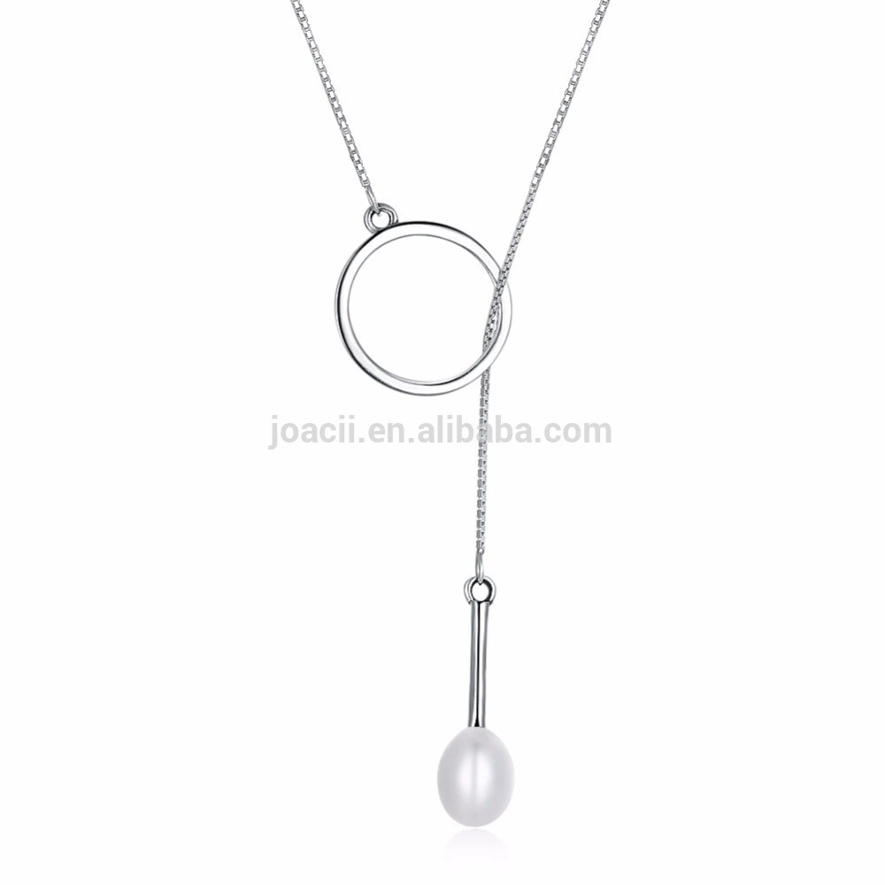 Round circle and pearl sterling silver long chain jewelry necklace 1