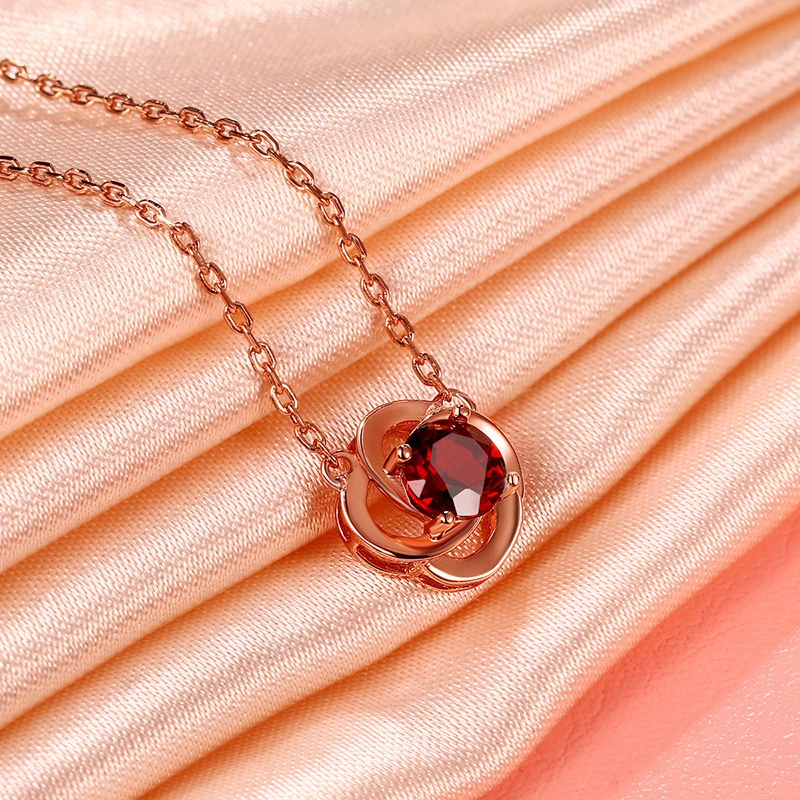 Garnet Flower Design 18K Rose Gold Sterling Silver Chain Necklace 1