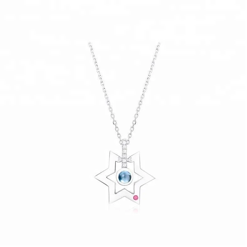 Joacii Hexagram Design Blue Topaz S925 Silver Necklace Pendant 1