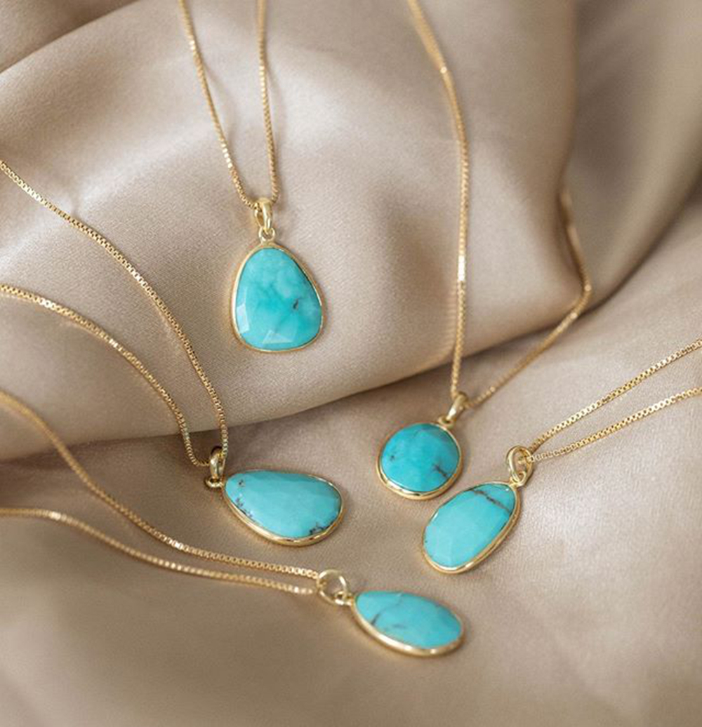 New 925 sterling silver 18K Gold Plated Fashion Gemstone Turquoise Pear Faceted Bezel Pendant Necklace 1