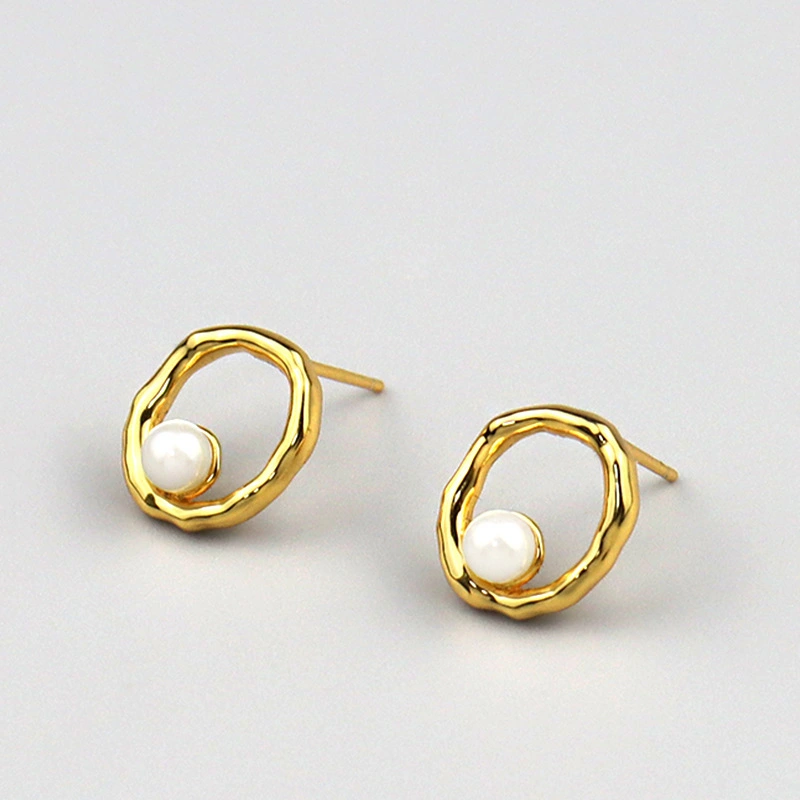 Gold Fashion Design New Model geometry pearl pierce Girl 925 Sterling Silver Earrings 1