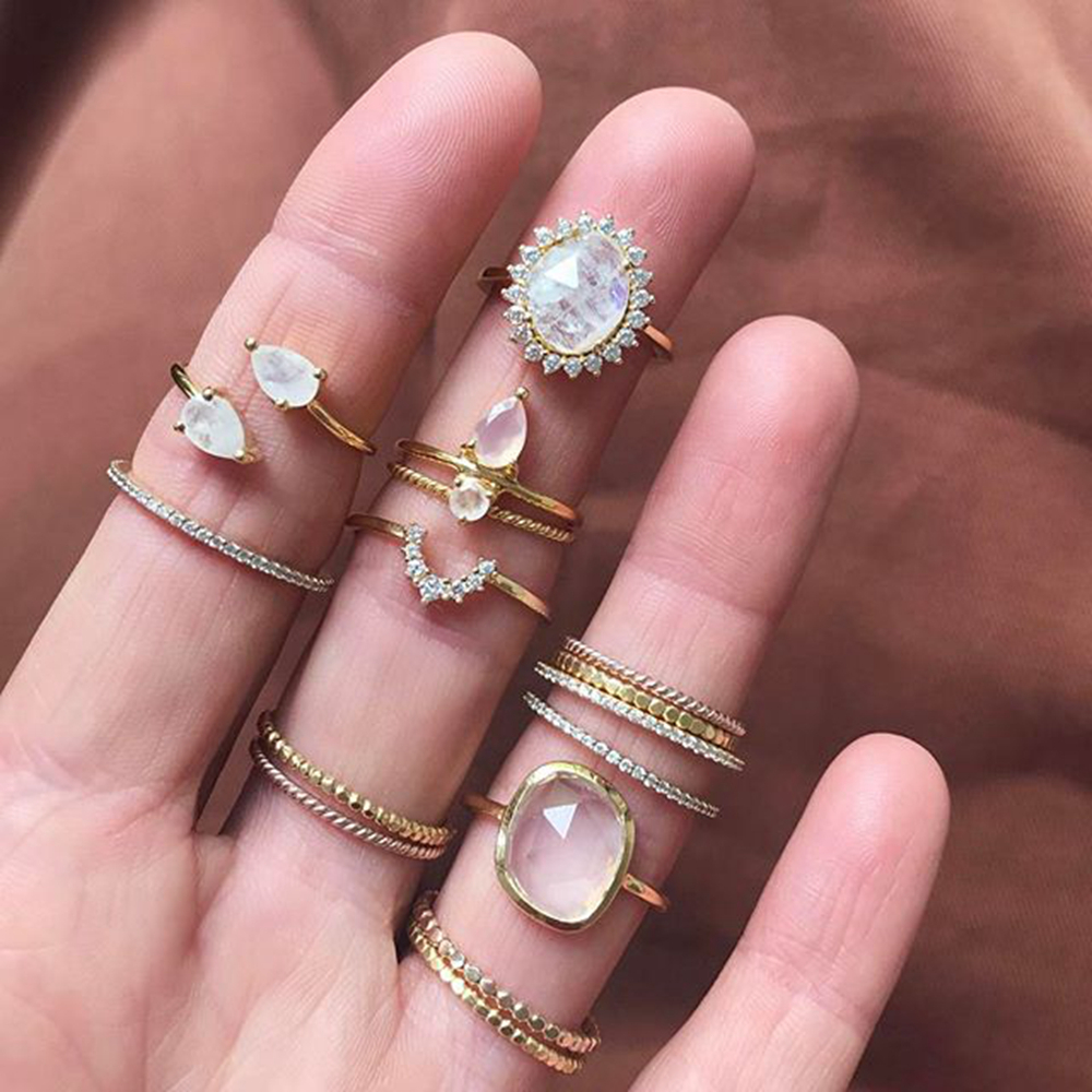 925 Sterling Silver Women Lady Party Jewelry Leaf Boho Crystal Rings Set Wedding Rings For natural gemstones Set Jewelry 1