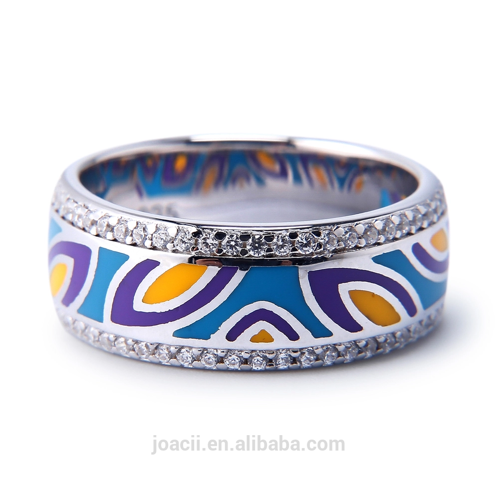 Joacii 925 Sterling Silver 18K Gold Gilded Rhinestone Band Enamel Ring Jewelry 1
