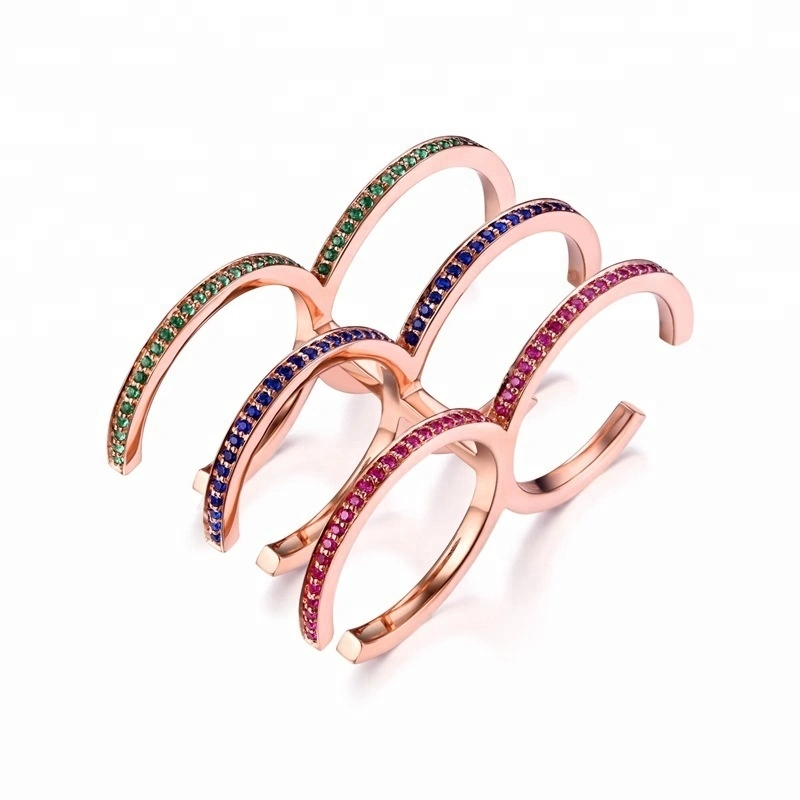Joacii 925 Silver Latest Rose Gold Plating Colorful Zircons Setting Two Finger Jewelry Ring 1