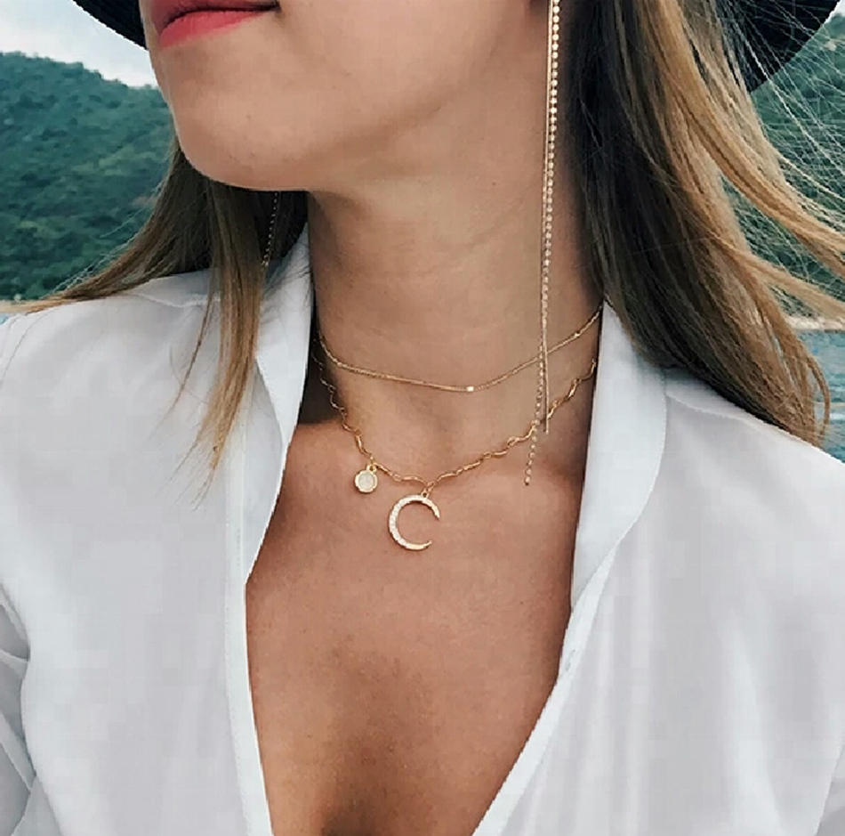 Custom Brazilian Gold Plated Chain Opal Zirconia Crescent long chain Moon Necklace Set 1