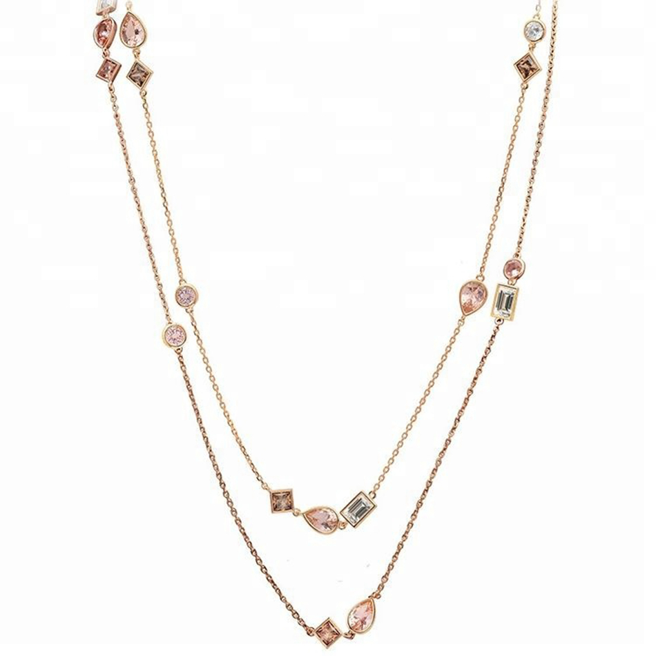 Custom Crystal Bead Plated Fashion Women Rose Gold 2 Layered Long Chain Necklace Jewelry 1