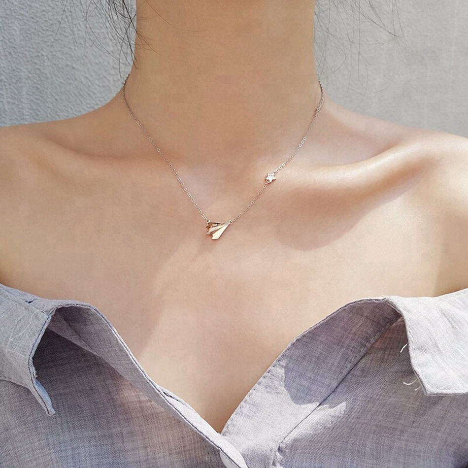Custom Wholesale 925 Sterling Silver Cubic Zirconia Star Paper Travel Plane Aircraft Necklace For Girls 1