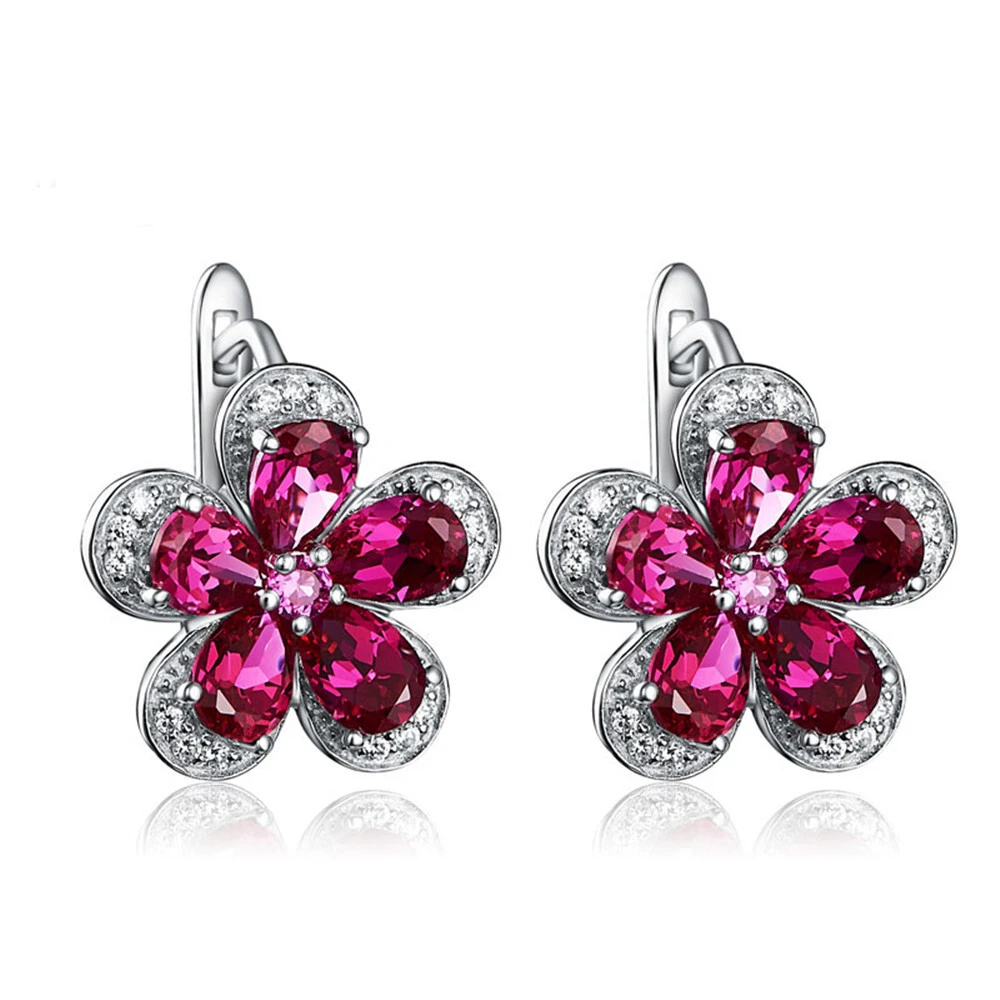 Joacii Plum Blossom Design Ruby Stone Zirconia S925 Silver Clip-on Earrings 1