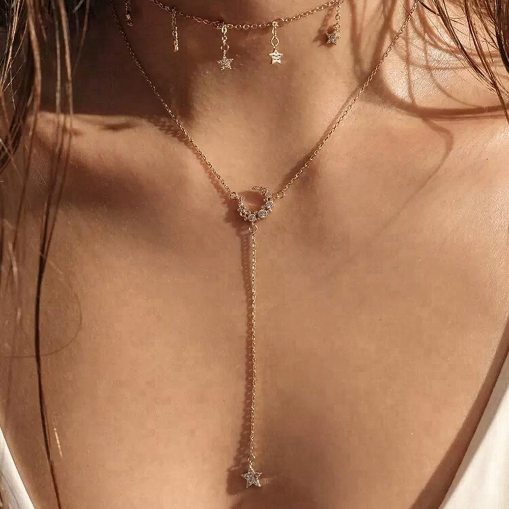 925 Sterling Sliver Custom Handmade Silver Gold Design Cubic Zirconia Layered Moon Star Necklace 1