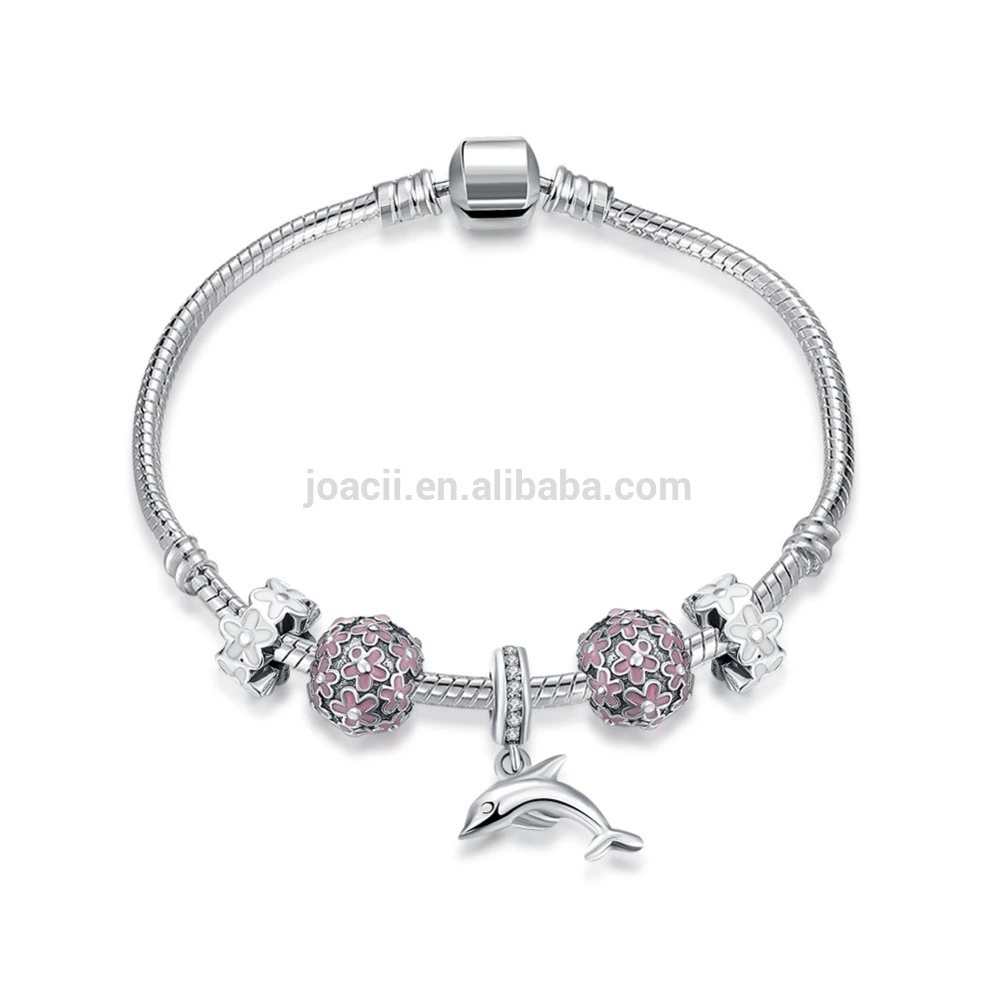 Joacii Customs Jewelry Lucky Dolphin Shape Pink Beads Bracelet S925 Sterling Silver Bracelet 1