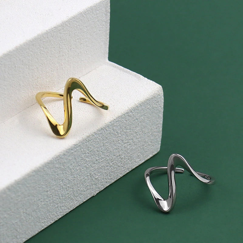 Simple Design 925 Sterling Silver Wave Shape Bulging Irregular Gold Silver Color Geometric Rings 1