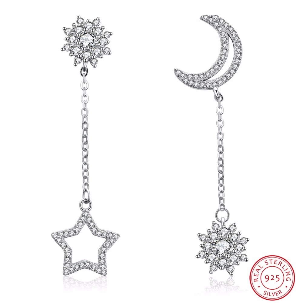 Moon and star design 925 silver jewelry CZ earring 1