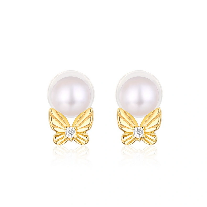 Stylish Silver Butterfly Freshwater Pearl Gold Stud Earrings 1