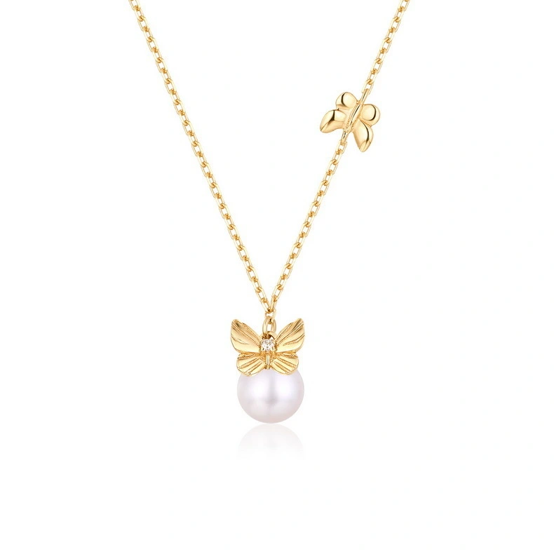 Freshwater Pearls Gold Butterfly Design Sterling Silver Chain Necklace 1