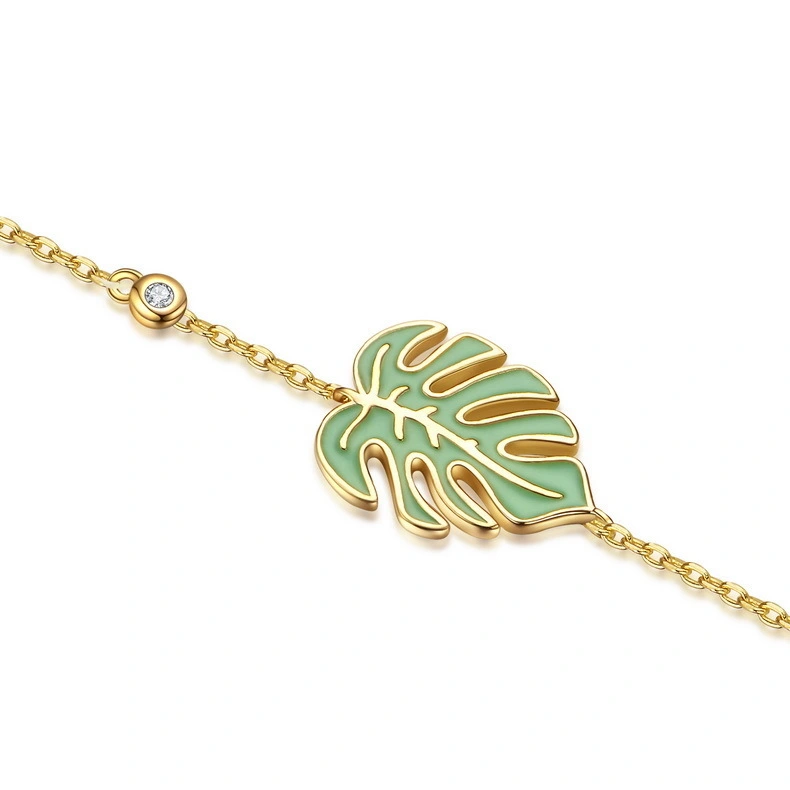 Bamboo Leaves Design Enamel Green Silver 925 Hand Chain Bracelet 1