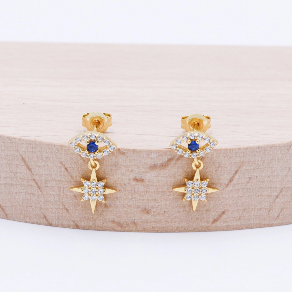 925 Sterling Silver Turkish Gold Plated Red Blue Evil Eye Drop Star Stud Earrings For Women 1