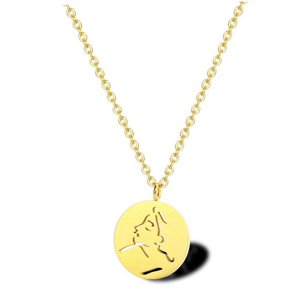 Stainless Steel Simple Abstract Hollow Female Makeup Portrait Gold Coin Round face Necklace women 1