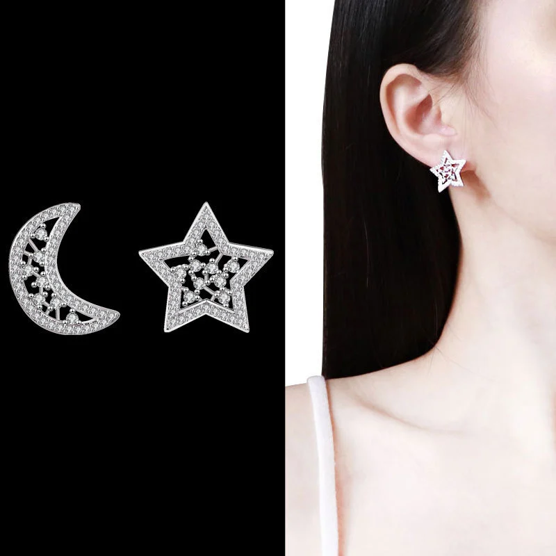 925 Sterling Silver Zircon Hollow Star Moon Shaped Stud Earrings1 1