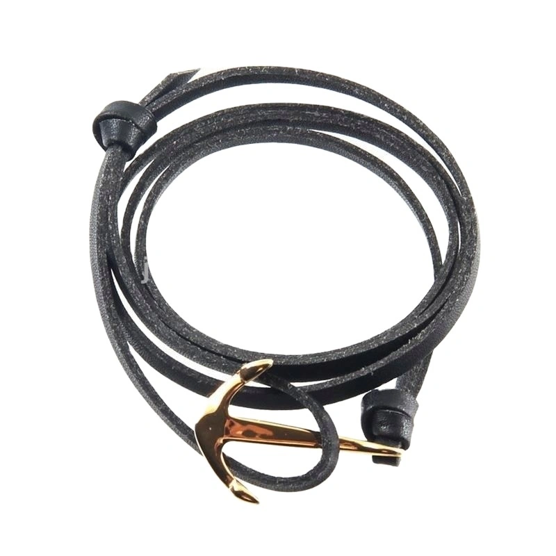 Fashion Bracelet On Black Pu Leather Wrap Strap Nautical Navy Wind Pirate Ship Anchor Model For Men With Korut 1