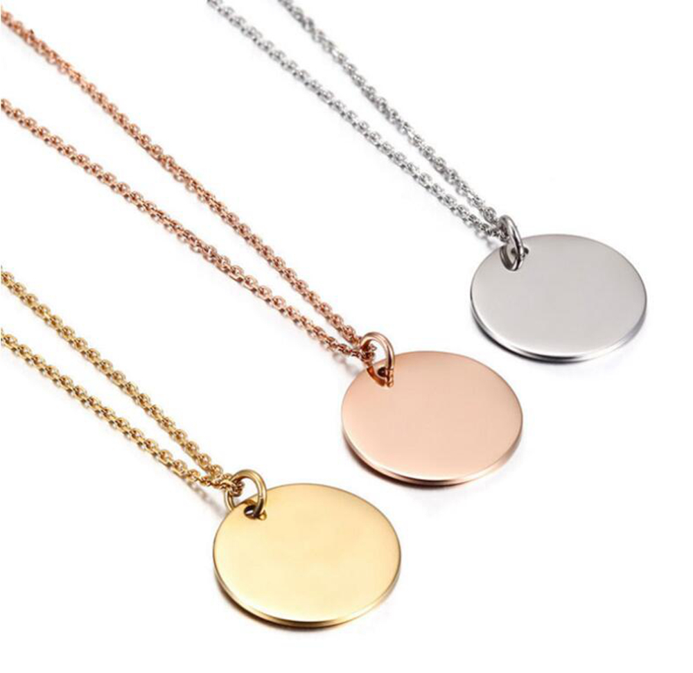 Hot Simple Design Custom Round Charms Pendant Necklace Logo Engraved Stainless Steel Blank Round Name Necklace 1