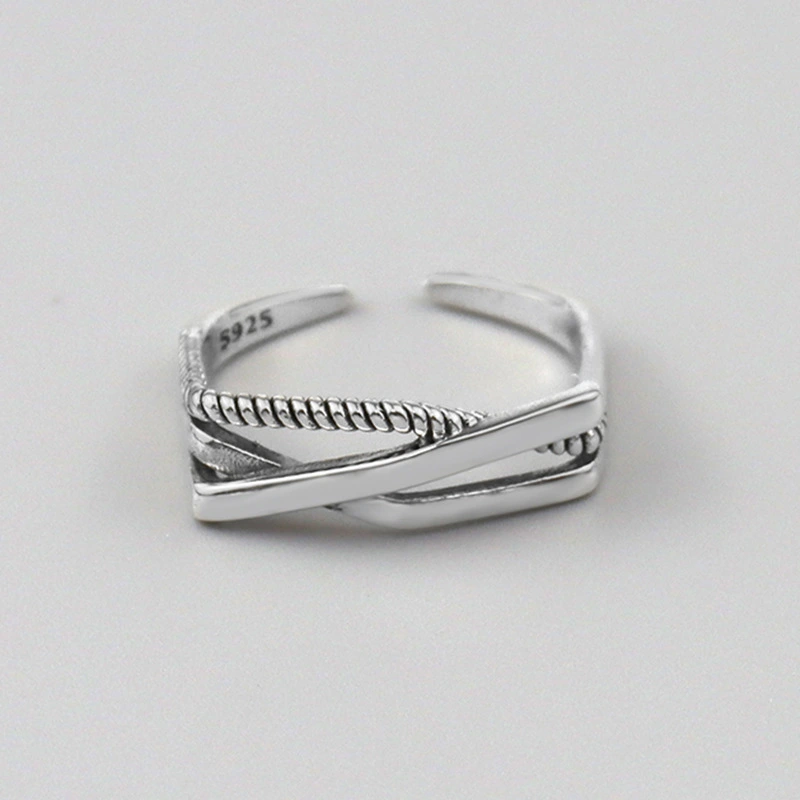 925 Sterling Silver Minimal Irregular Twisted Line Combination Ring1 1