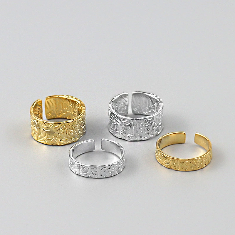 S925 Sterling Silver Gold Plated Irregular Concave ConvexTin Foil Paper Ring Resizable Finger Hammered Ring1 1