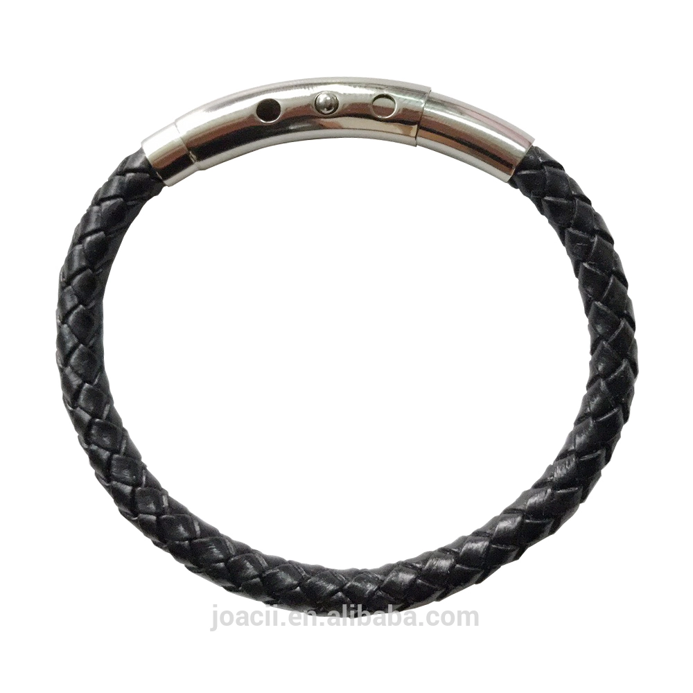 Wave Men's PU Leather thin braid bracelet with titanium steel adjustable clasp silver&gold&black custom logo engraved 1