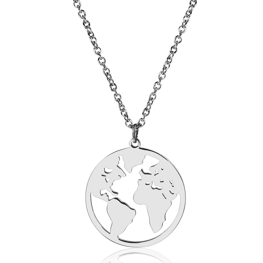 Jaocii RTS Stainless Steel 18k Jewelry World Map Gold Circle Pendant Necklace 1