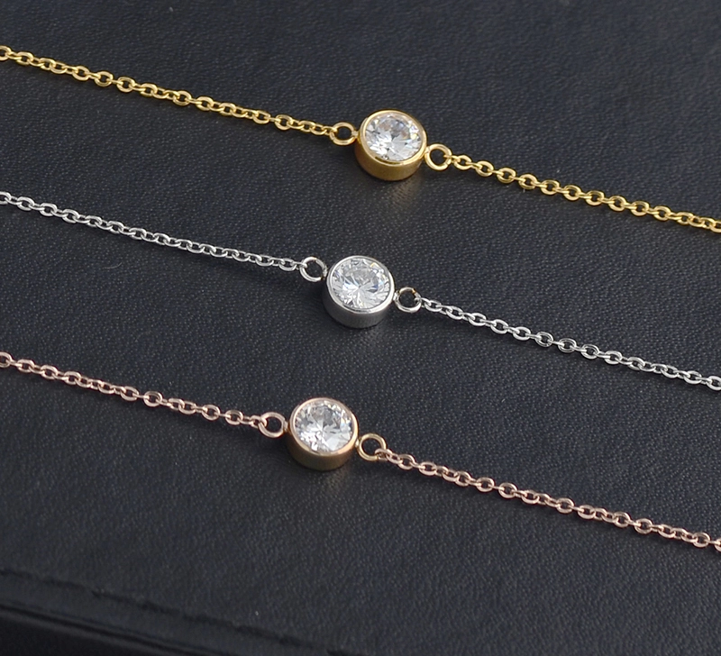 Simple Stainless Steel 18K Gold Plated Mini Round One Big Zircon Solitaire Chain Bracelet For Women 1