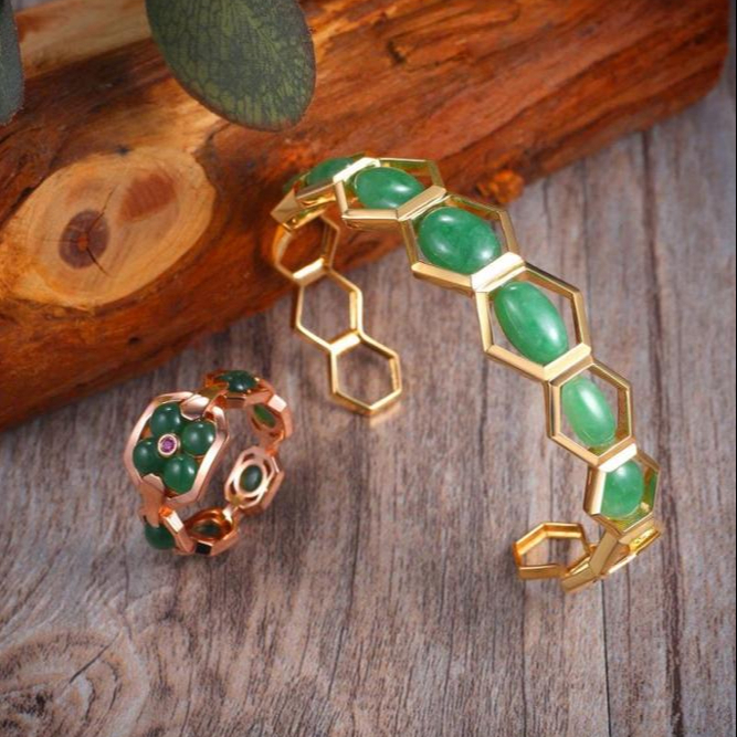 Joacii 925 Sterling Silver 18K Gold Small Jade Chain Natural Green Hexagon Stone Honeycomb Bracelets With Nainen Koruja2 1
