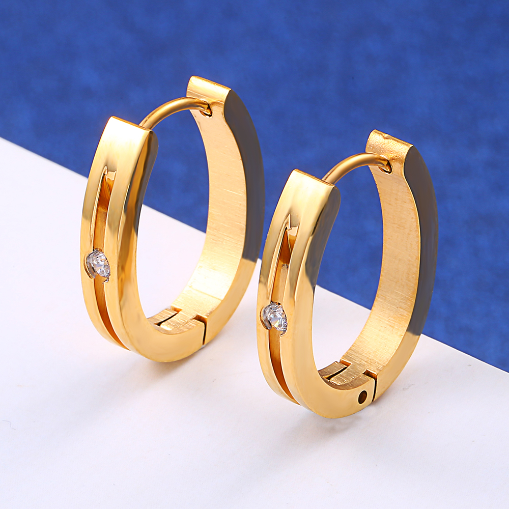 Fashion Gold Stainless Steel Earring Zircon Huggies Cross Hoop U Shaped Women Earring 2