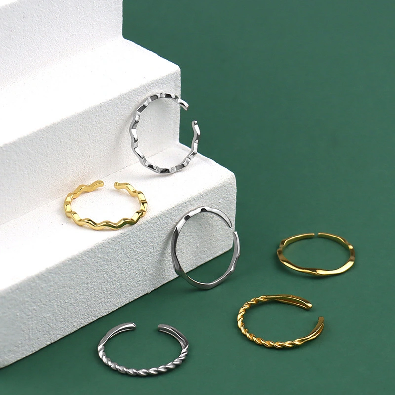 Simple Design 925 Sterling Silver Wedding Jewelry Gold Plated Stackable Wave Ring Set1 1