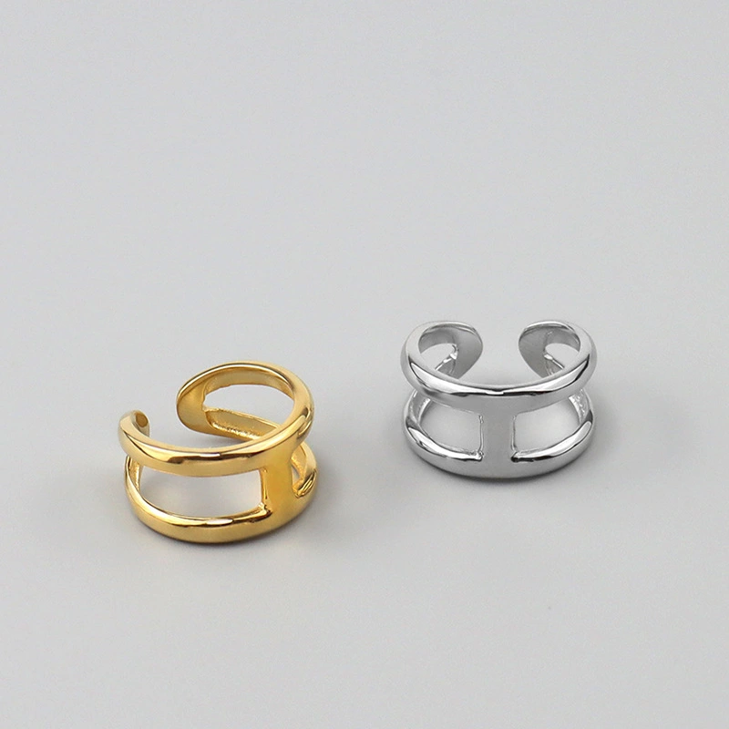 INS jeweley women Geometry Simple style S925 sterling silver double hollow ear cuff opening Fashion ring1 1