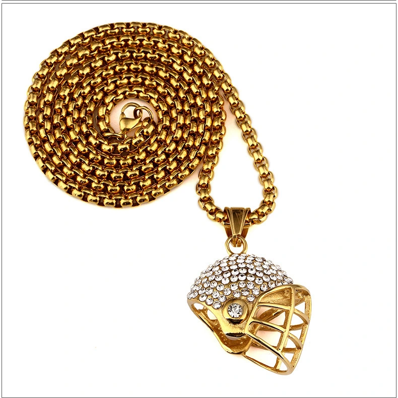 Rhinestone Football Helmet Hiphop Necklace Titanium Pendant 1