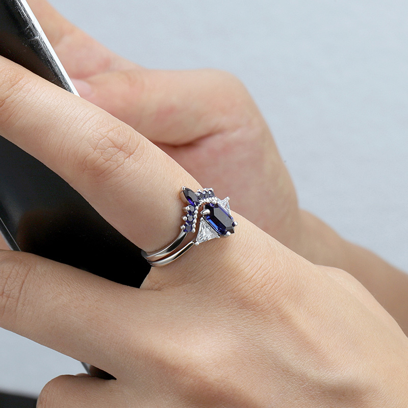 Hexagon Created Sapphire Ring Set 2