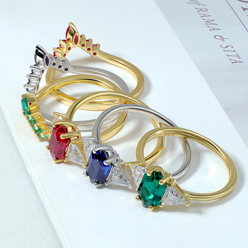 Hexagon Created Sapphire Ring Set 5